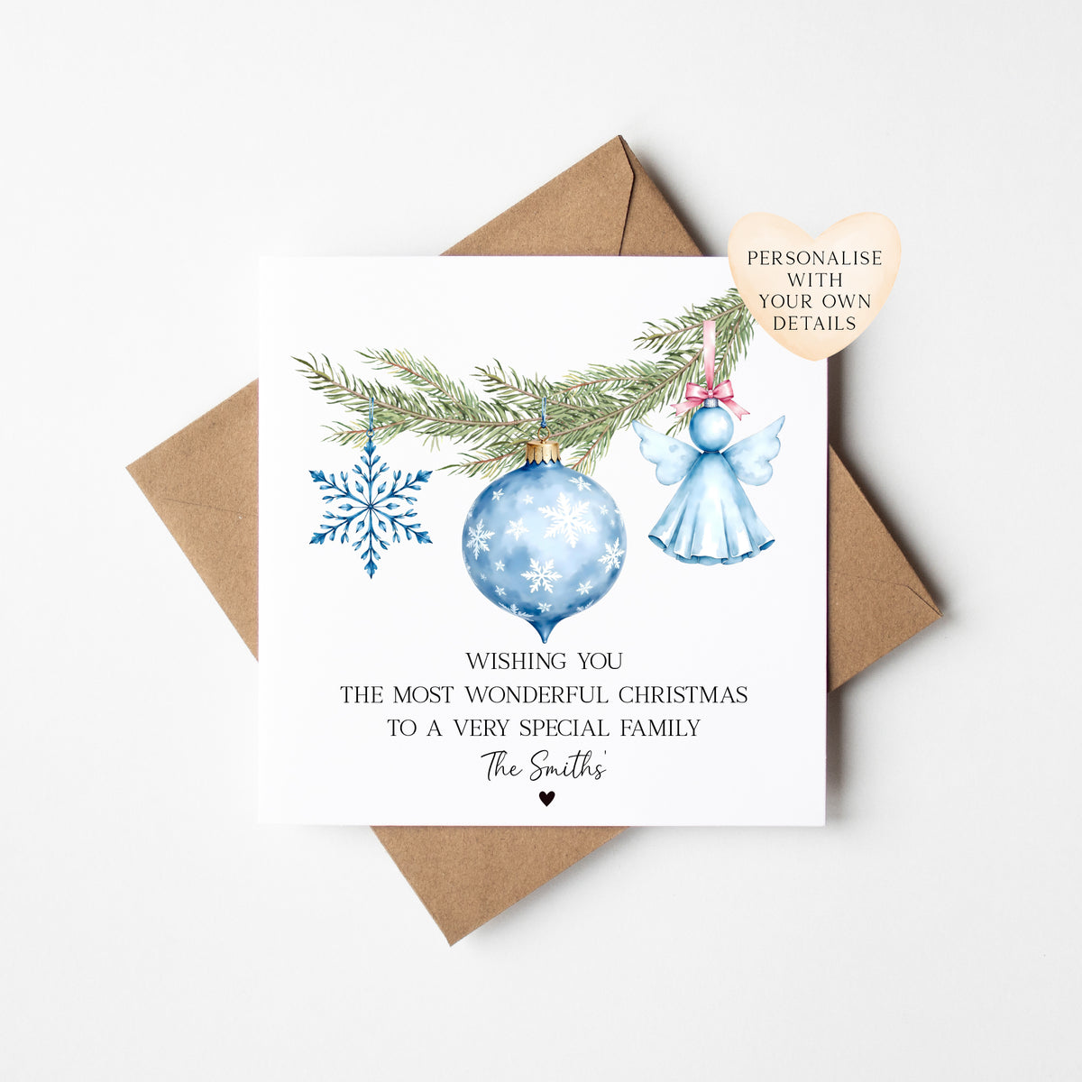 Christmas Card Festive Bauble decorations Blue Snowflake & Angel design personalised with names