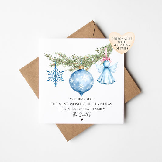 Christmas Card Festive Bauble decorations Blue Snowflake & Angel design personalised with names