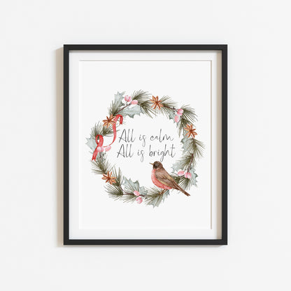 All is calm, all is bright watercolour robin red green wreath  seasonal Christmas unframed wall art poster print