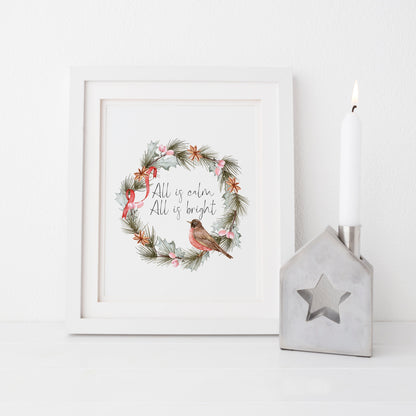 All is calm, all is bright watercolour robin red green wreath  seasonal Christmas unframed wall art poster print