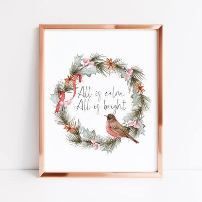 All is calm, all is bright watercolour robin red green wreath  seasonal Christmas unframed wall art poster print