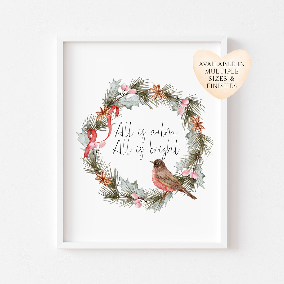 All is calm, all is bright watercolour robin red green wreath  seasonal Christmas unframed wall art poster print