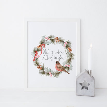 All is calm, all is bright watercolour robin red green wreath  seasonal Christmas unframed wall art poster print
