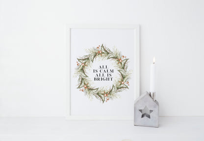 Christmas Print Watercolour Green red wreath all is calm winter Wall Art (unframed)
