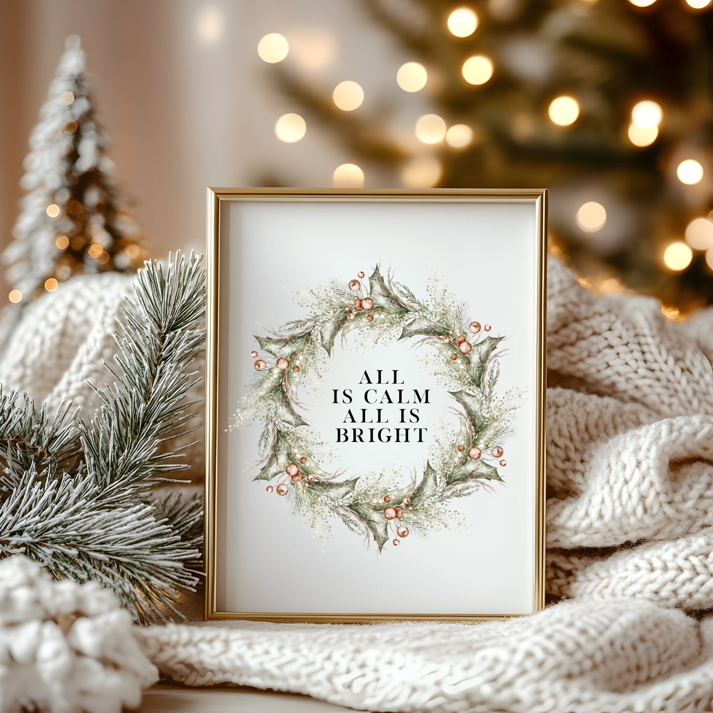 Christmas Print Watercolour Green red wreath all is calm winter Wall Art (unframed)