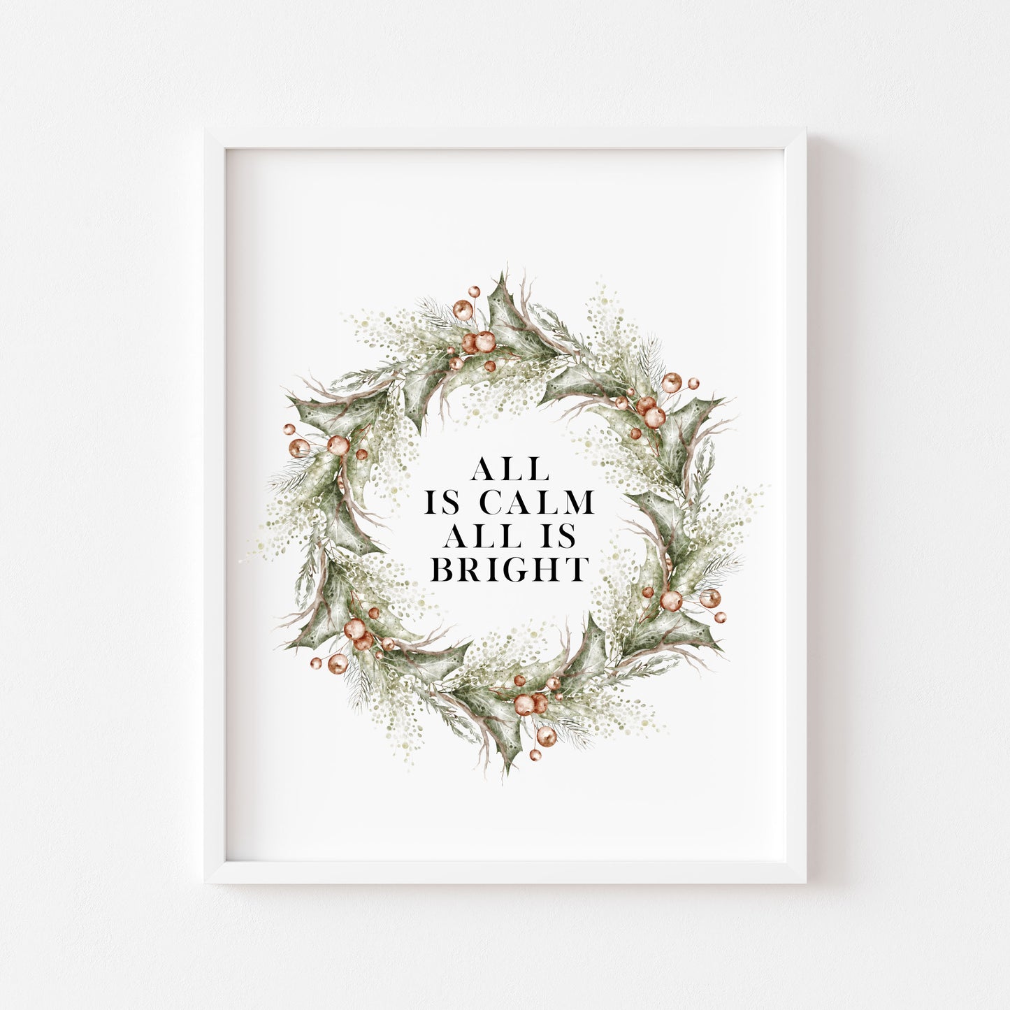 Christmas Print Watercolour Green red wreath all is calm winter Wall Art (unframed)