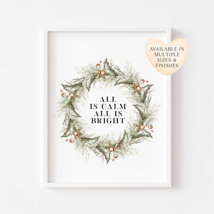 Christmas Print Watercolour Green red wreath all is calm winter Wall Art (unframed)