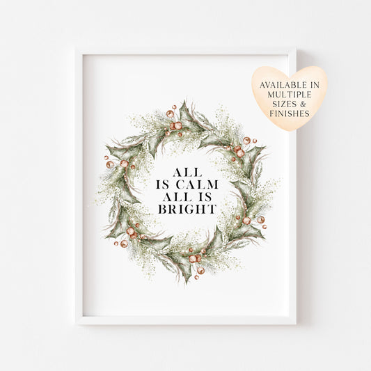 Christmas Print Watercolour Green red wreath all is calm winter Wall Art (unframed)