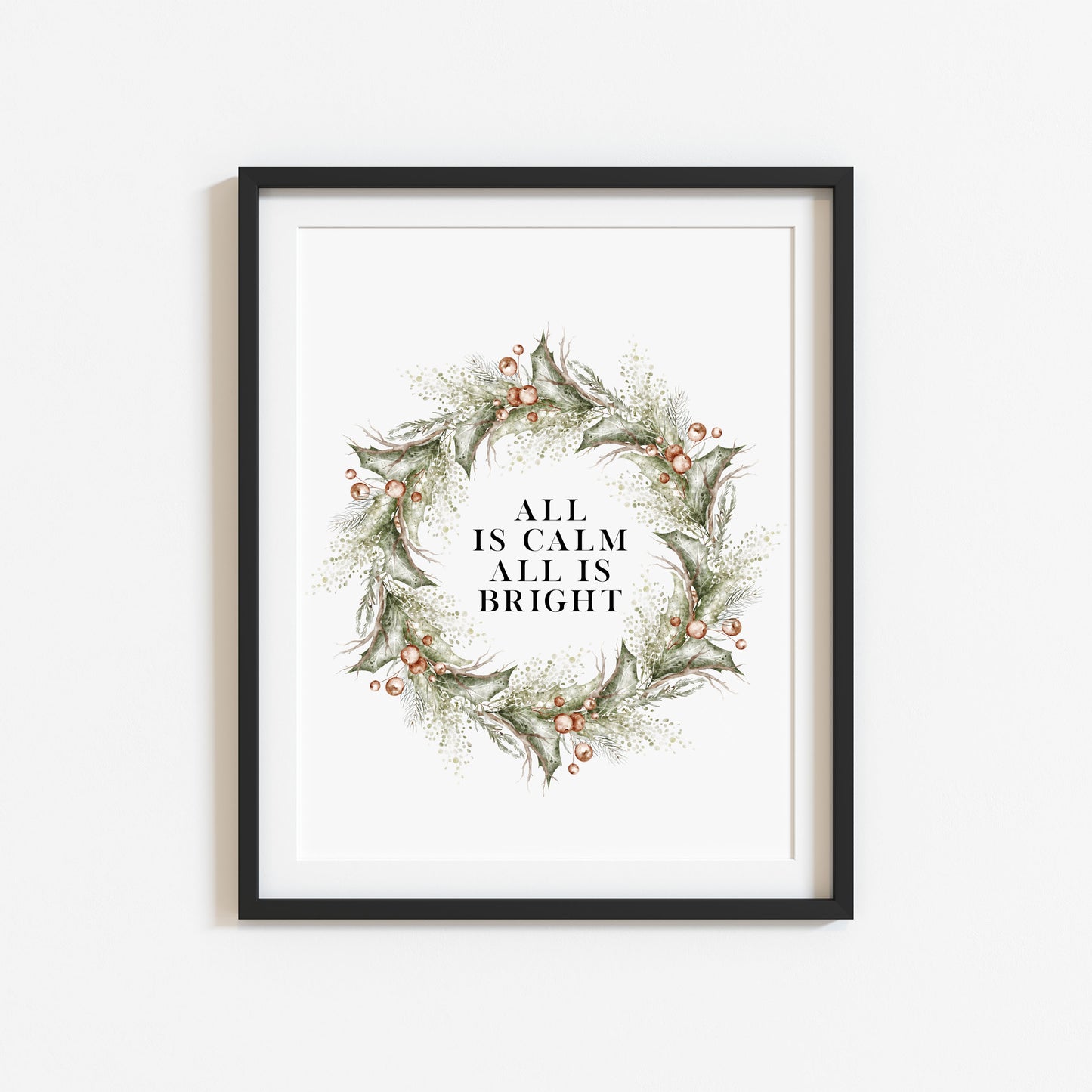 Christmas Print Watercolour Green red wreath all is calm winter Wall Art (unframed)