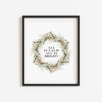 Christmas Print Watercolour Green red wreath all is calm winter Wall Art (unframed)