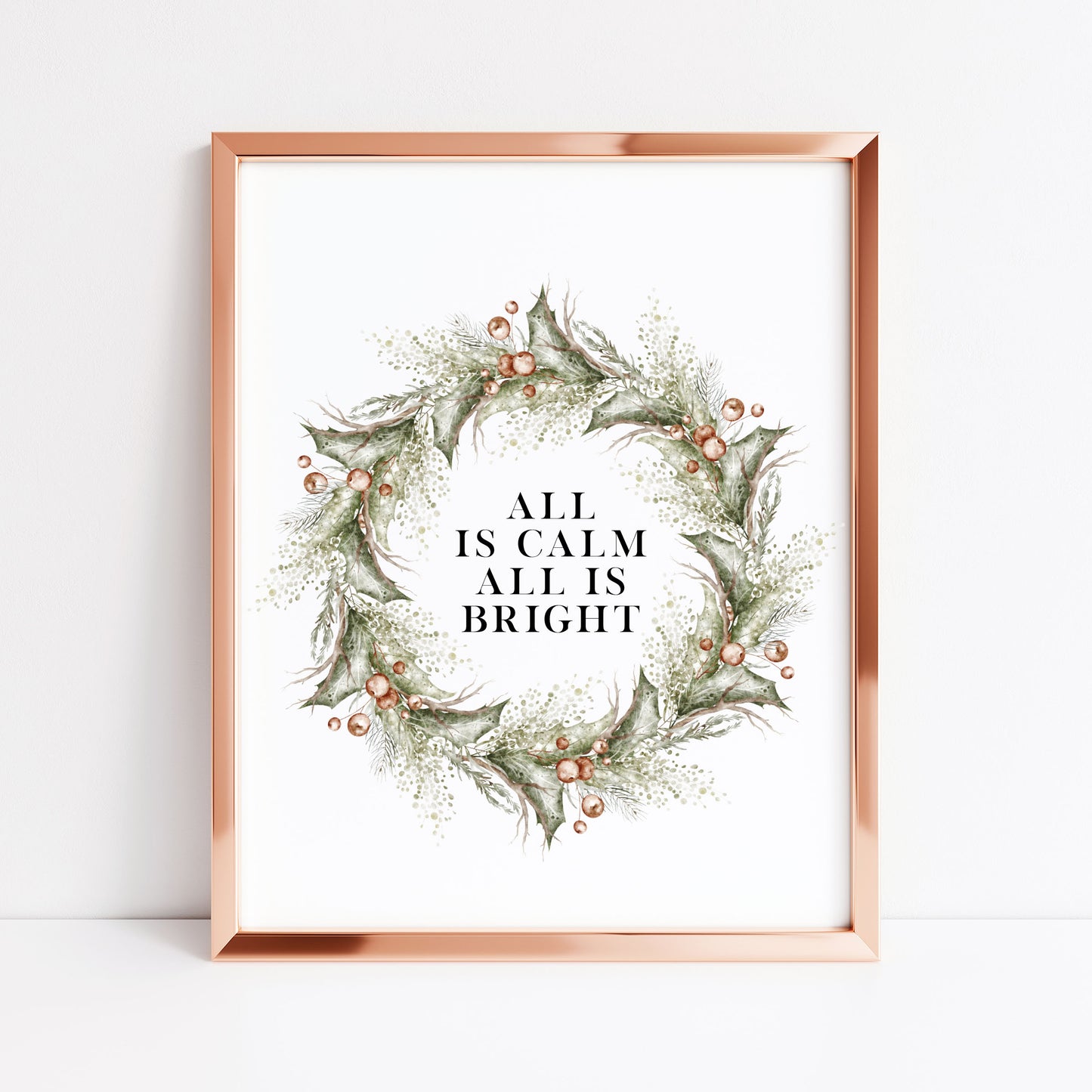 Christmas Print Watercolour Green red wreath all is calm winter Wall Art (unframed)