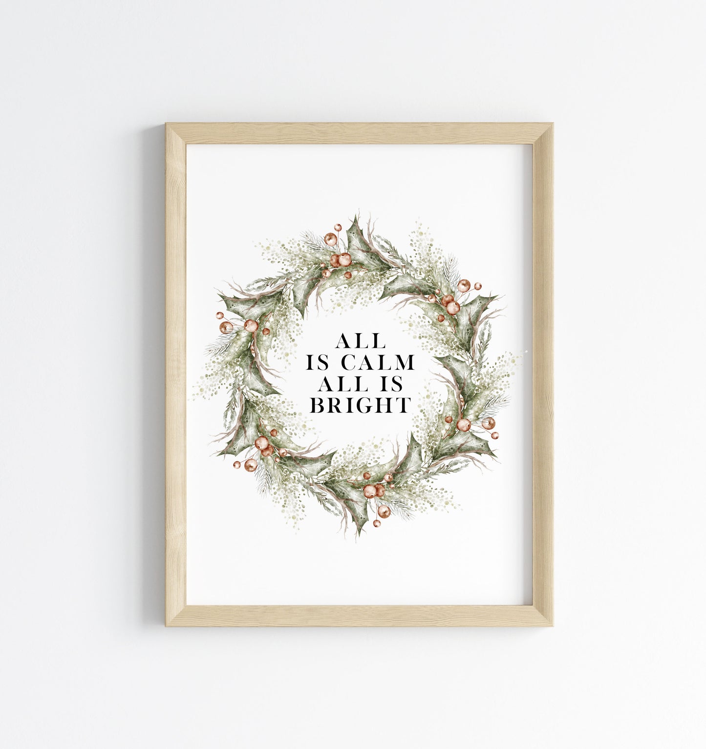 Christmas Print Watercolour Green red wreath all is calm winter Wall Art (unframed)
