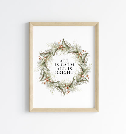 Christmas Print Watercolour Green red wreath all is calm winter Wall Art (unframed)
