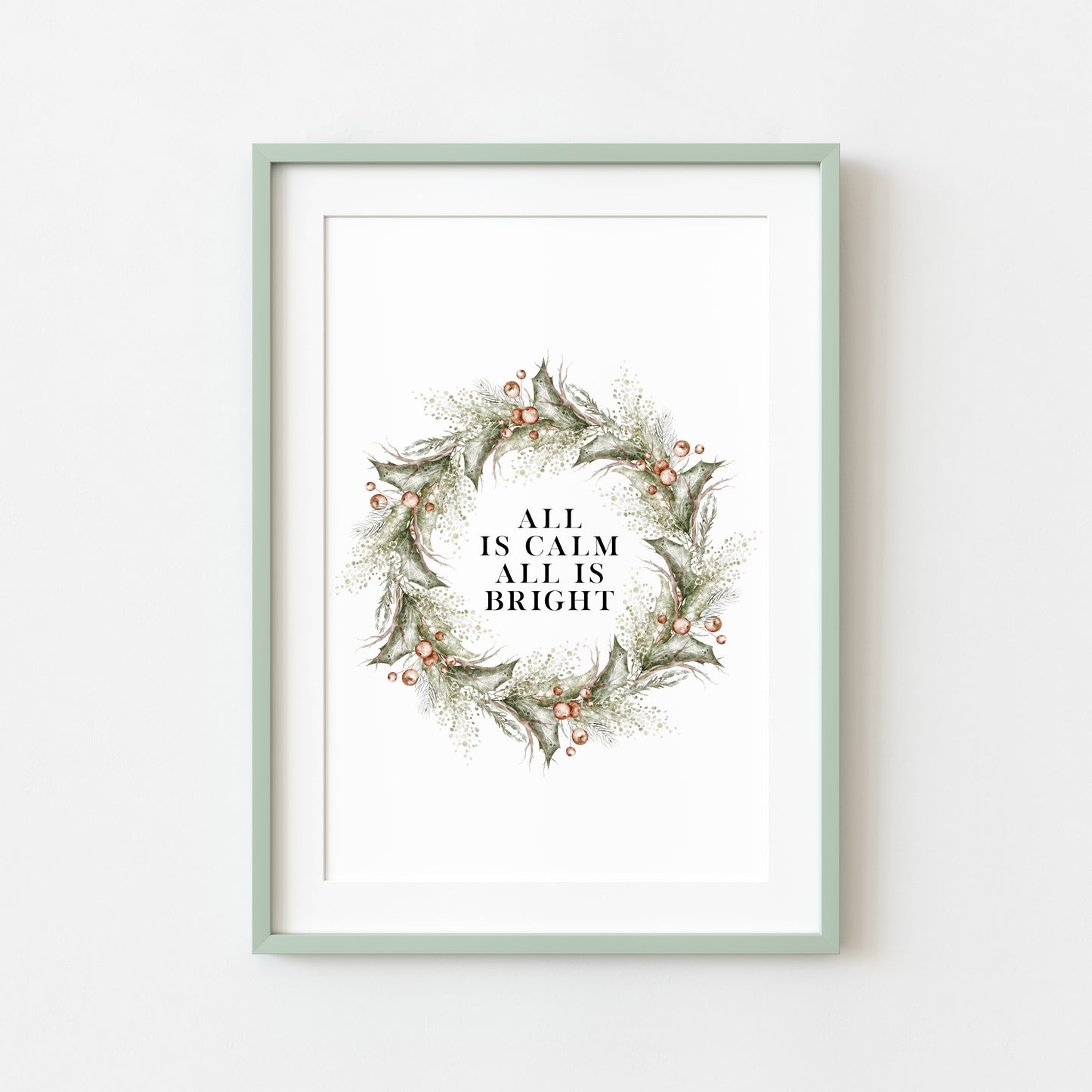 Christmas Print Watercolour Green red wreath all is calm winter Wall Art (unframed)