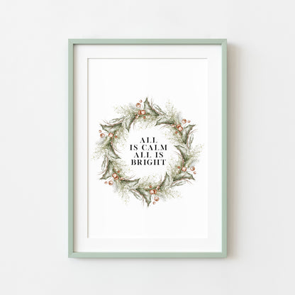 Christmas Print Watercolour Green red wreath all is calm winter Wall Art (unframed)