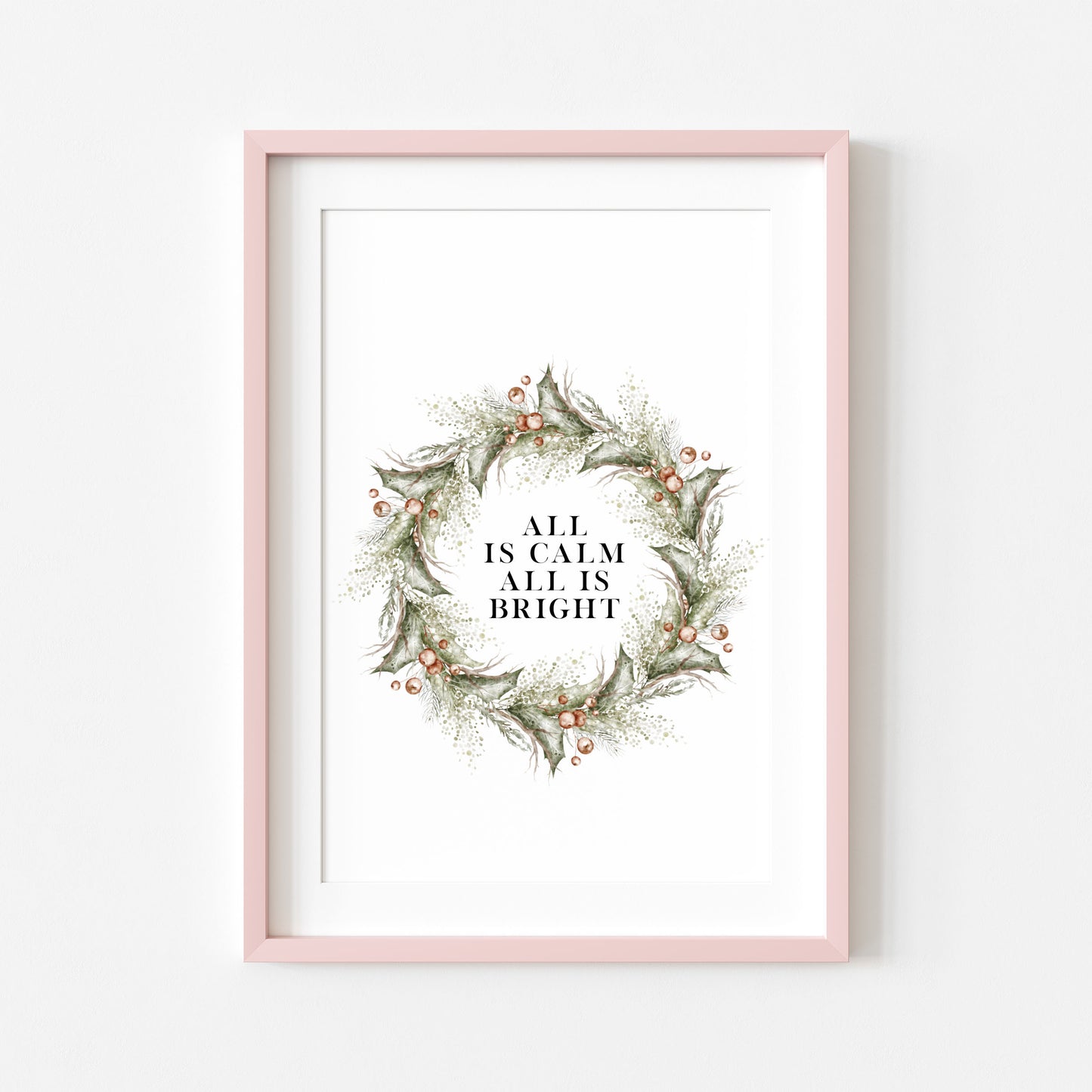 Christmas Print Watercolour Green red wreath all is calm winter Wall Art (unframed)