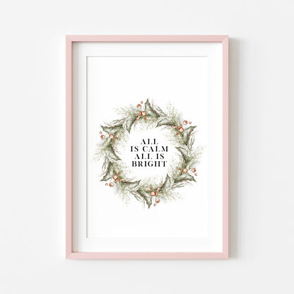 Christmas Print Watercolour Green red wreath all is calm winter Wall Art (unframed)