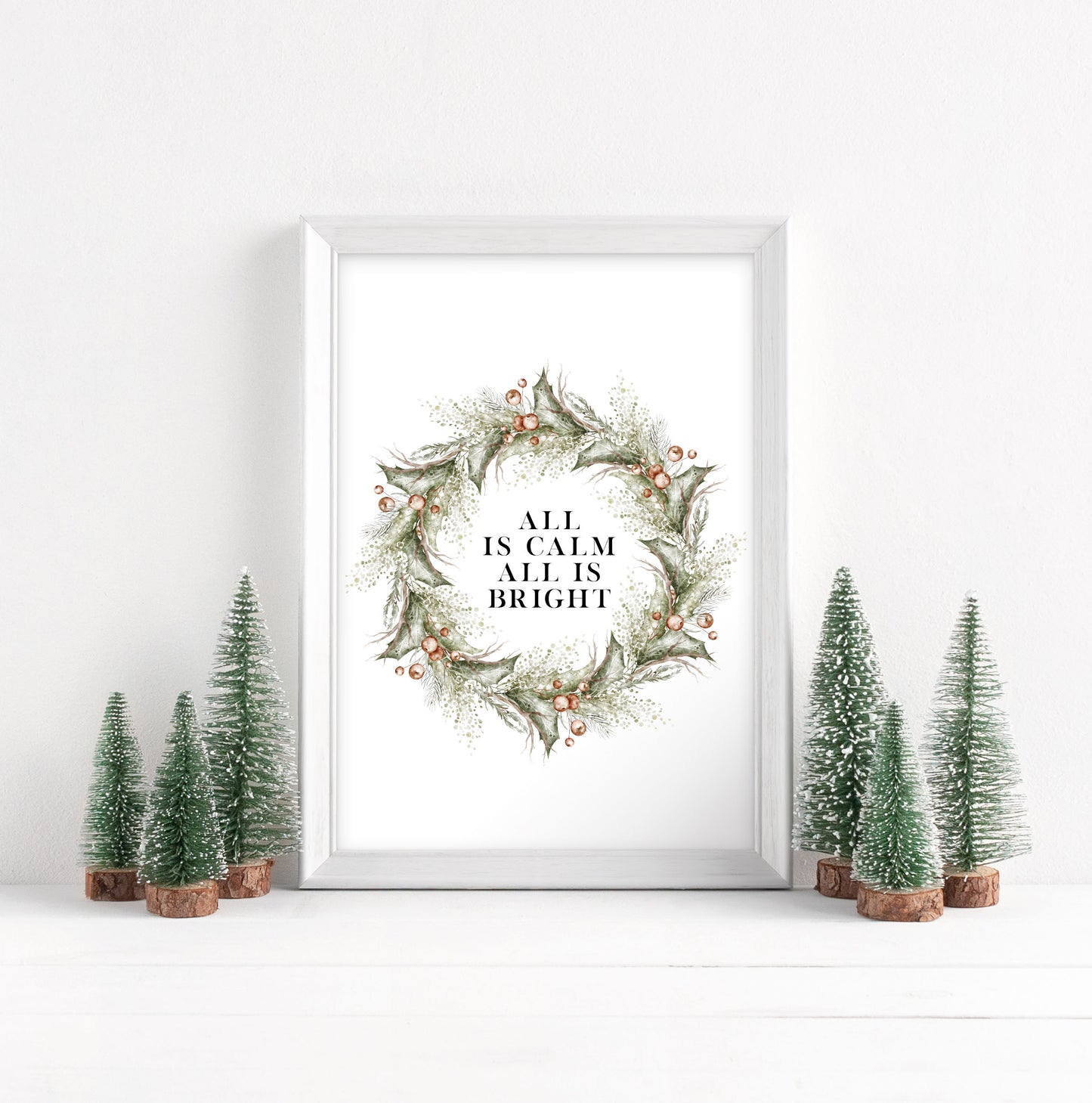 Christmas Print Watercolour Green red wreath all is calm winter Wall Art (unframed)