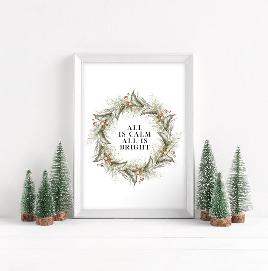 Christmas Print Watercolour Green red wreath all is calm winter Wall Art (unframed)