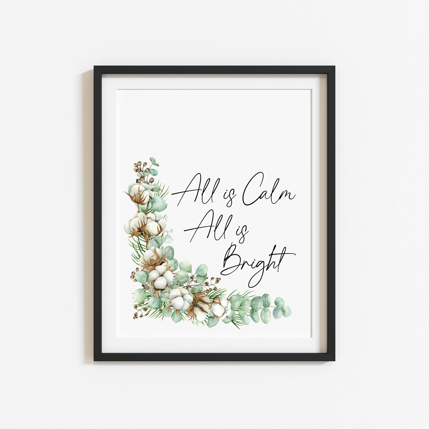 Christmas print All is calm, all is bright watercolour pinecones and cotton wreath unframed seasonal wall art poster