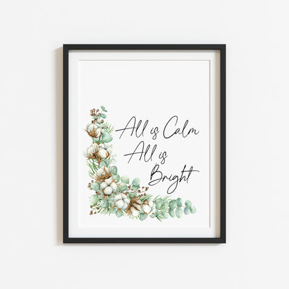 Christmas print All is calm, all is bright watercolour pinecones and cotton wreath unframed seasonal wall art poster