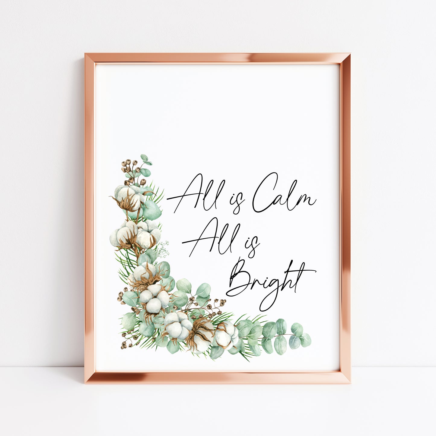 Christmas print All is calm, all is bright watercolour pinecones and cotton wreath unframed seasonal wall art poster