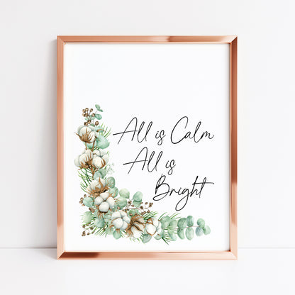 Christmas print All is calm, all is bright watercolour pinecones and cotton wreath unframed seasonal wall art poster
