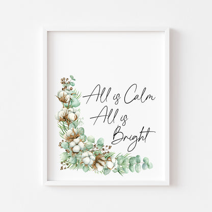 Christmas print All is calm, all is bright watercolour pinecones and cotton wreath unframed seasonal wall art poster