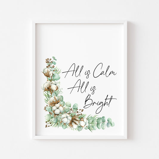 Christmas print All is calm, all is bright watercolour pinecones and cotton wreath unframed seasonal wall art poster