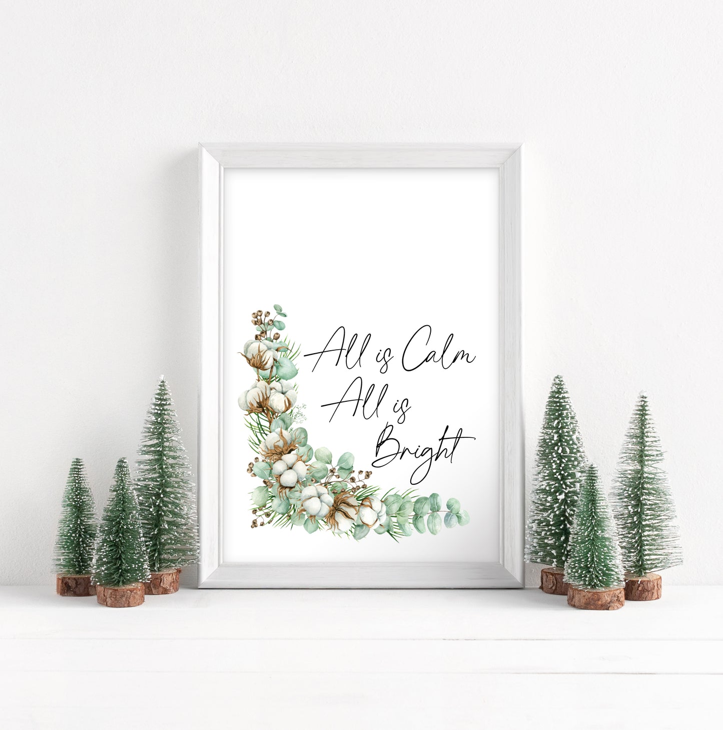 Christmas print All is calm, all is bright watercolour pinecones and cotton wreath unframed seasonal wall art poster