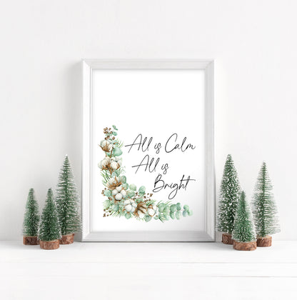 Christmas print All is calm, all is bright watercolour pinecones and cotton wreath unframed seasonal wall art poster