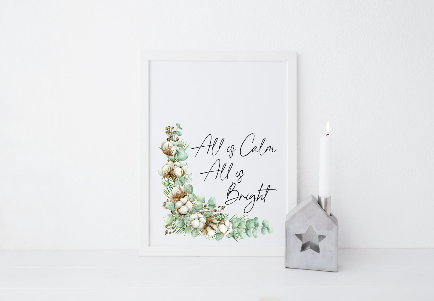 Christmas print All is calm, all is bright watercolour pinecones and cotton wreath unframed seasonal wall art poster