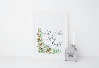 Christmas print All is calm, all is bright watercolour pinecones and cotton wreath unframed seasonal wall art poster