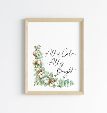 Christmas print All is calm, all is bright watercolour pinecones and cotton wreath unframed seasonal wall art poster