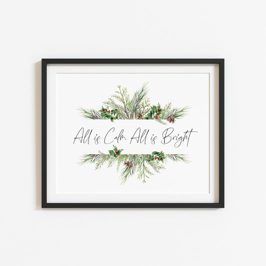 All is calm, all is bright landscape watercolour wreath xmas seasonal unframed wall art poster print