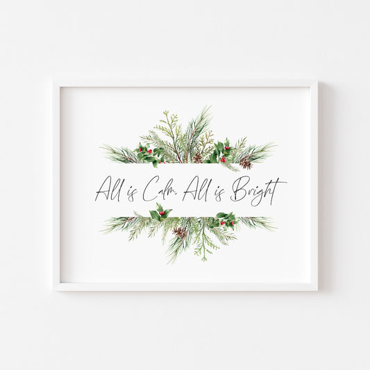 All is calm, all is bright landscape watercolour wreath xmas seasonal unframed wall art poster print