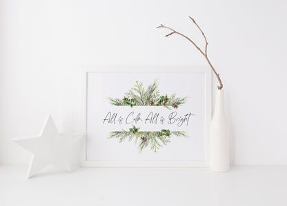 All is calm, all is bright landscape watercolour wreath xmas seasonal unframed wall art poster print