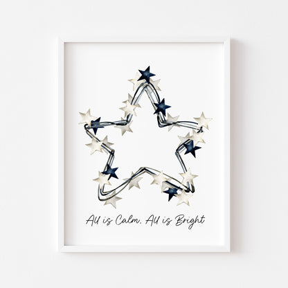 All is calm, all is Bright blue & white Christmas stars wreath watercolour winter seasonal unframed wall art poster print