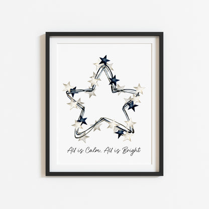 All is calm, all is Bright blue & white Christmas stars wreath watercolour winter seasonal unframed wall art poster print