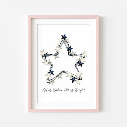 All is calm, all is Bright blue & white Christmas stars wreath watercolour winter seasonal unframed wall art poster print
