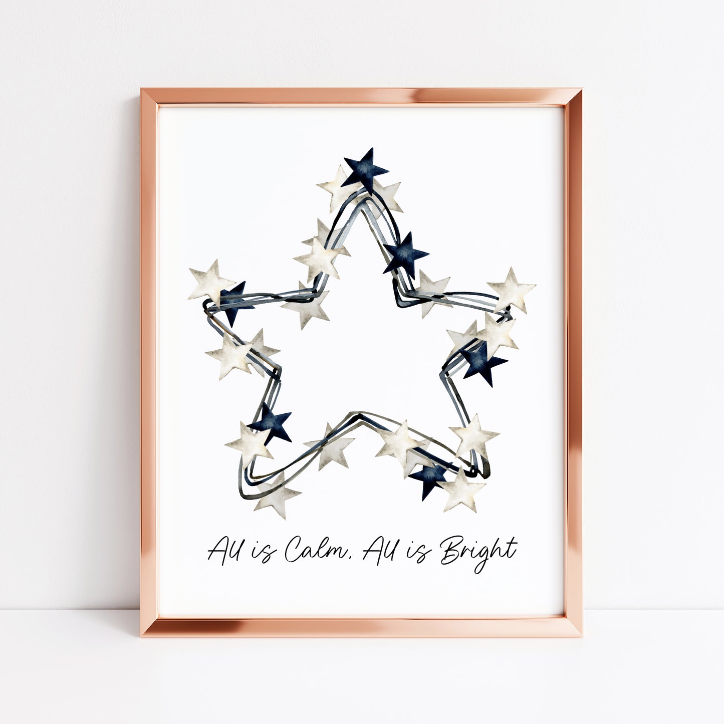 All is calm, all is Bright blue & white Christmas stars wreath watercolour winter seasonal unframed wall art poster print