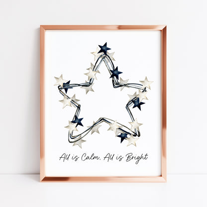 All is calm, all is Bright blue & white Christmas stars wreath watercolour winter seasonal unframed wall art poster print