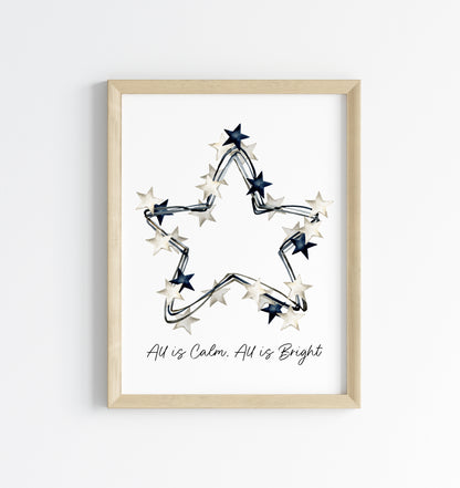 All is calm, all is Bright blue & white Christmas stars wreath watercolour winter seasonal unframed wall art poster print