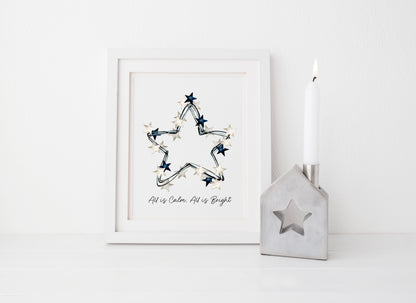 All is calm, all is Bright blue & white Christmas stars wreath watercolour winter seasonal unframed wall art poster print