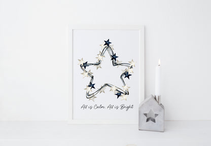 All is calm, all is Bright blue & white Christmas stars wreath watercolour winter seasonal unframed wall art poster print