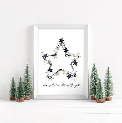 All is calm, all is Bright blue & white Christmas stars wreath watercolour winter seasonal unframed wall art poster print