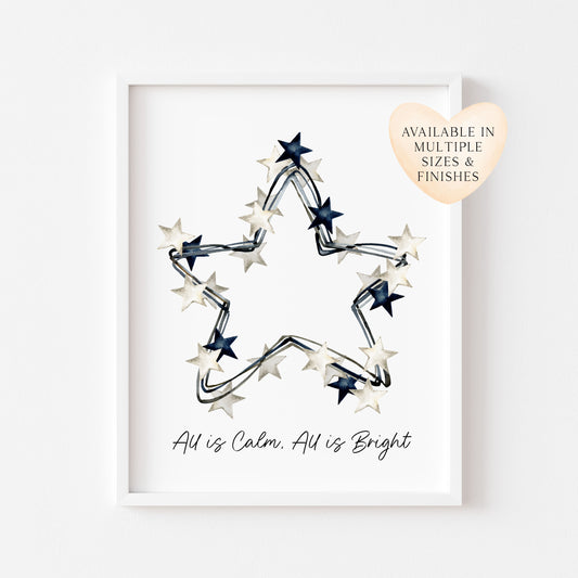 All is calm, all is Bright blue & white Christmas stars wreath watercolour winter seasonal unframed wall art poster print