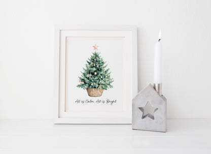 All is calm, all is Bright Christmas tree star watercolour winter seasonal unframed wall art poster print