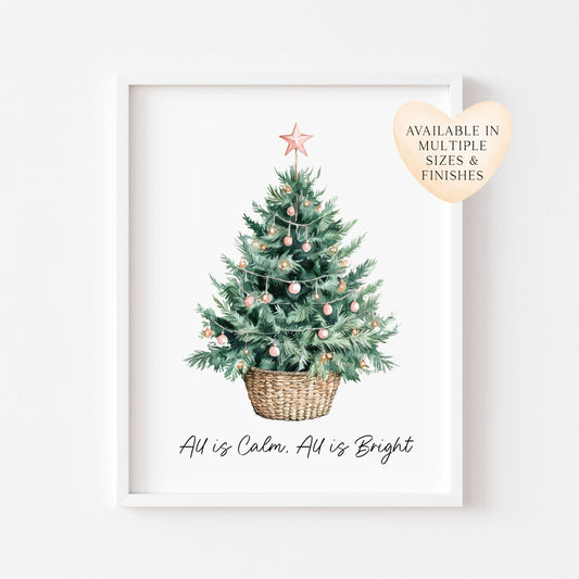 All is calm, all is Bright Christmas tree star watercolour winter seasonal unframed wall art poster print