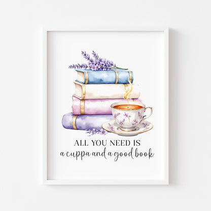 Tea and Books Watercolour Bookish Quote Print Book Lover Gift Unframed Wall Art
